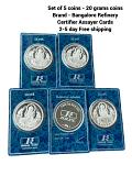 Set of 5 - 20g 999 Pure Silver Indian Coins-Bangalore Refinery